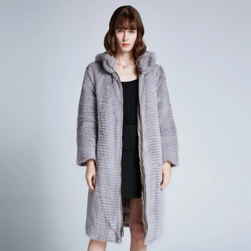 ZIRUNKING Women Real Mink Fur with Down Coat Lady Reversible Natural Fur Long Coat Female Winter Warm Outerwear Clothing ZC1904 - Цвет: Светло-серый
