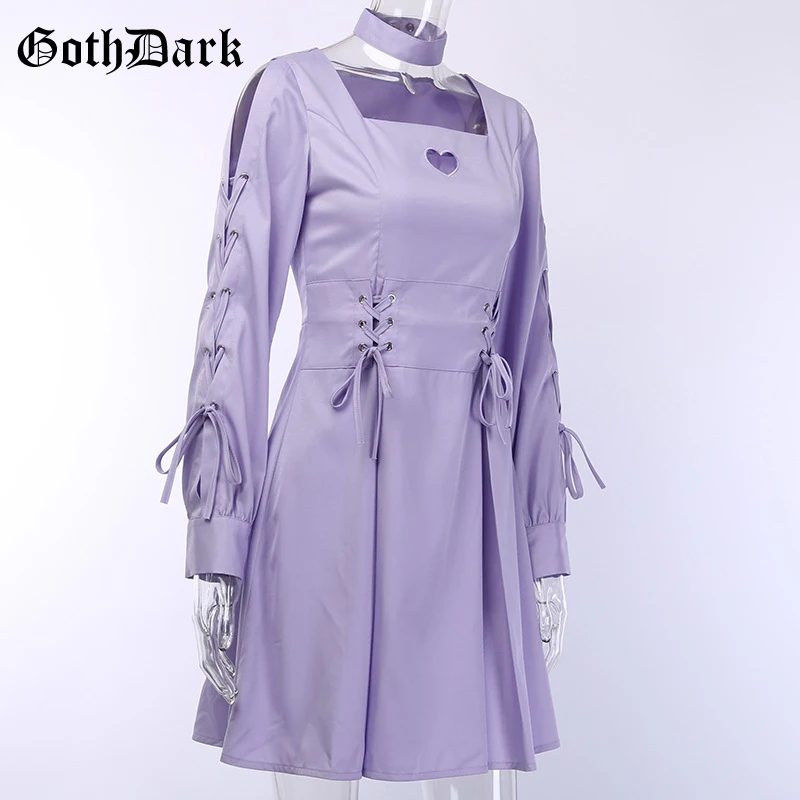 Готический Темный винтажный в стиле панк готика женские платья Harajuku эстетическое осеннее Pathworl сердце выдалбливают Бандажное платье с бантом Плиссированное