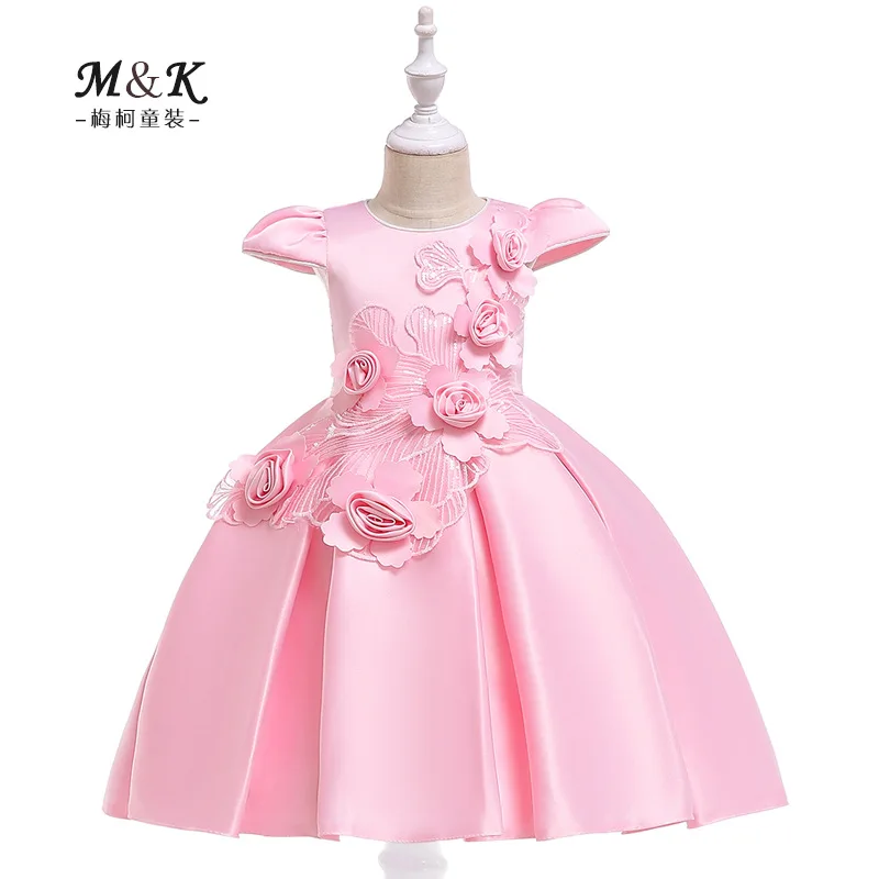 

2019 Cross Border Children Dress Covered Edge Fly Sleeve Princess Dress Sequin Stereo Flower Stickers Wedding Dress Girls Autumn