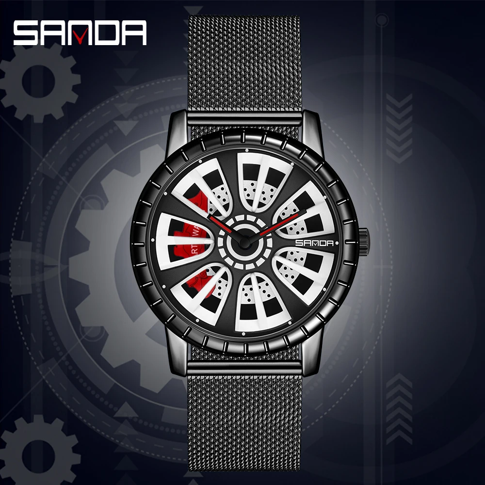 SANDA Men's Watch Car Wheel Relogio Masculino Stainless Steel Watches Fashion Quartz Wristwatch Rim Hub Waterproof Date Male