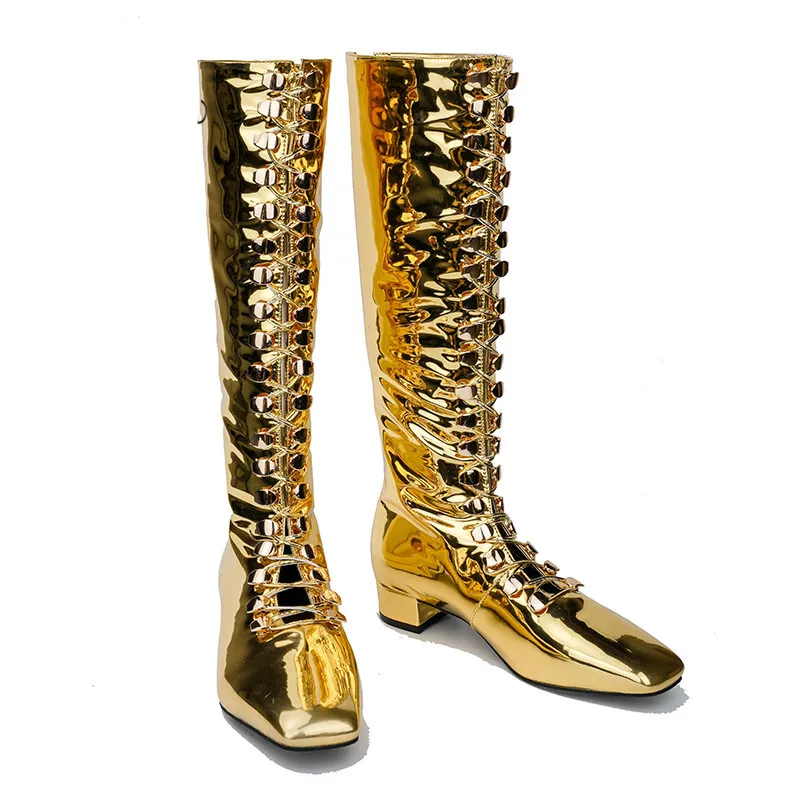 

Stylesowner Hot Style Bling Shining Woman Motorcycle Boots Square Toe with Back Zipper Gold Solid Color Breathable Boots