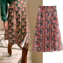 

Dave&Di Ins Fashion Blogger Vintage Floral Pleated High Waist Long Faldas Mujer Moda 2021 Midi Long Skirt Women