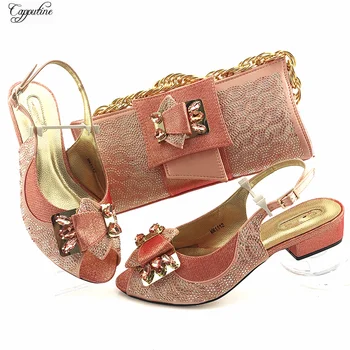 

Elegant Peach Sandals And bag African Medium Heel Shoes With Handbag Set For Party MM1112 Heel Height 3.8CM