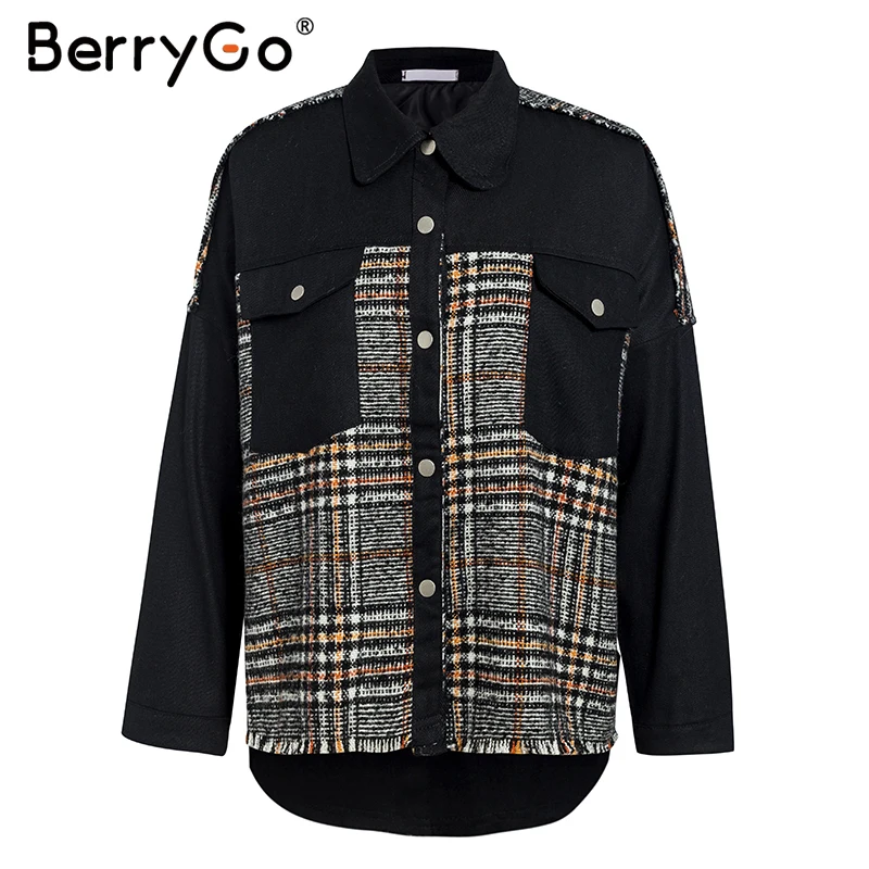 Черный BerryGo, модная Лоскутная джинсовая куртка в клетку, женская уличная одежда, женские черные шикарные куртки на пуговицах, с карманами, Свободная Женская куртка, пальто - Цвет: Черный