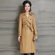 Осенне-зимняя женская длинная куртка-ветровка из овчины, тонкая кожаная куртка с вышивкой, модные пальто из натуральной кожи с поясом