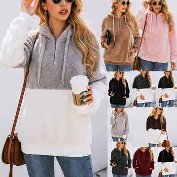 

2019 fashion new splice color zip pocket hooded blouse plush hoodies women