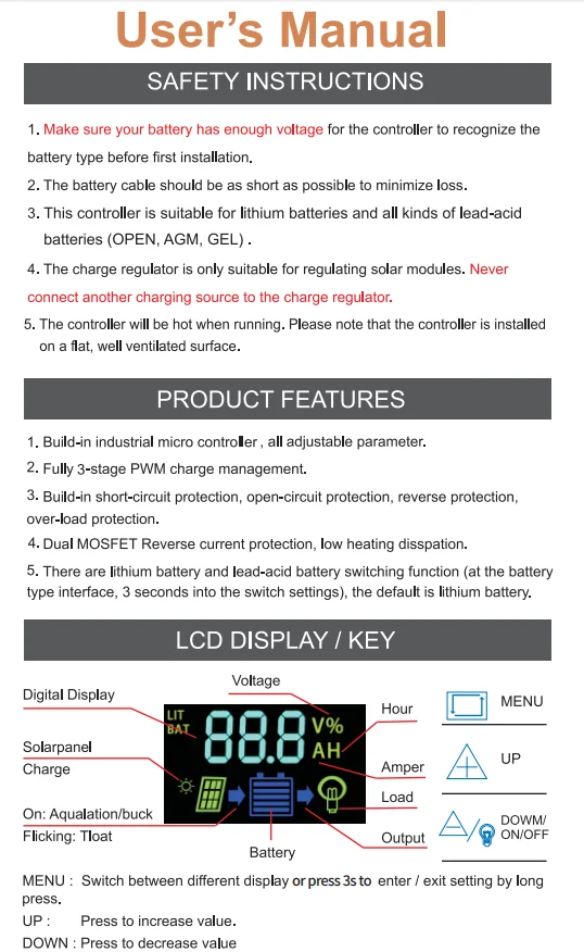 PWM Solar Charge Controller 10A/20A/30A Solar Charger Usb Output 12/24V Auto Color Display 3 IN 1 For Different Battery Charging