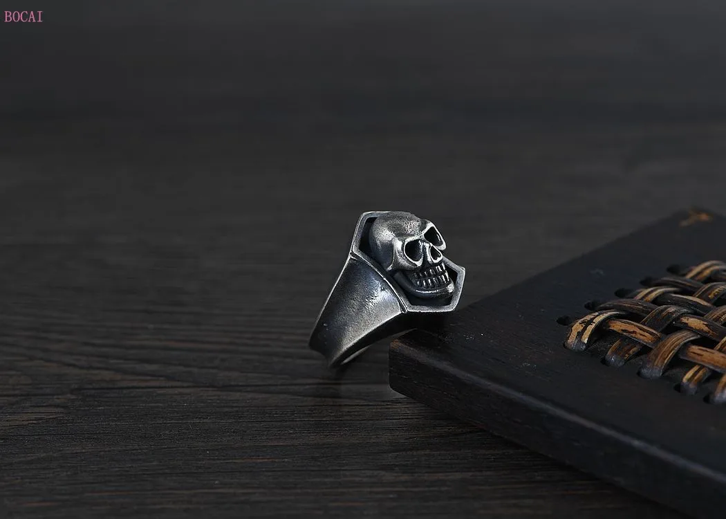 Ретро S925 Стерлинговое Серебро тайское серебро улыбающееся лицо череп кольцо для мужчин стиль Модные ювелирные изделия