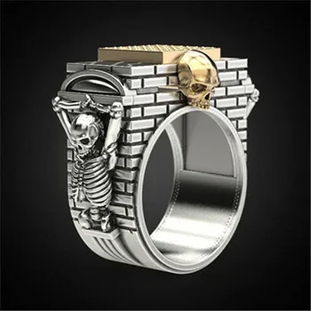 

Horror Gothic "Skeleton Hanging On The City Wall" Skull Ring Fashion Two-tone Punk Jewelry Men's Hip Hop Party Ring Gift for Boy