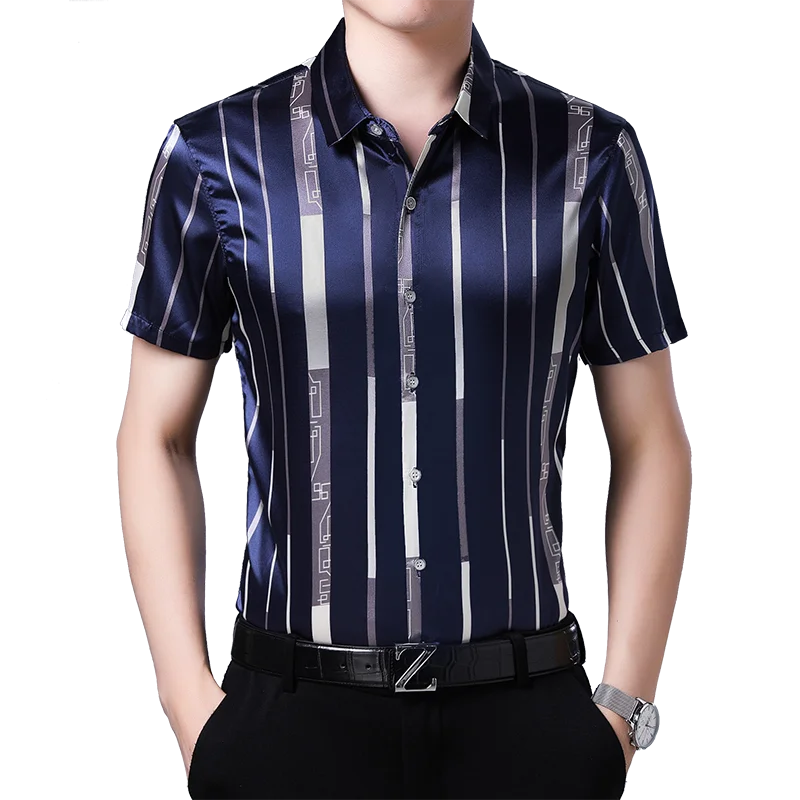 New Summer Male Silk Clothes Fashion Striped Silk Shirt Short Sleeve Mens Casual Satin Dress Shirts