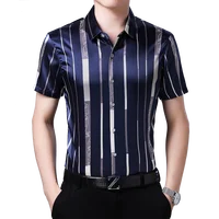 New 2020 Summer Male Silk Clothes Fashion Striped Silk Shirt Short Sleeve Mens Casual Satin Silk Dress Shirts 2