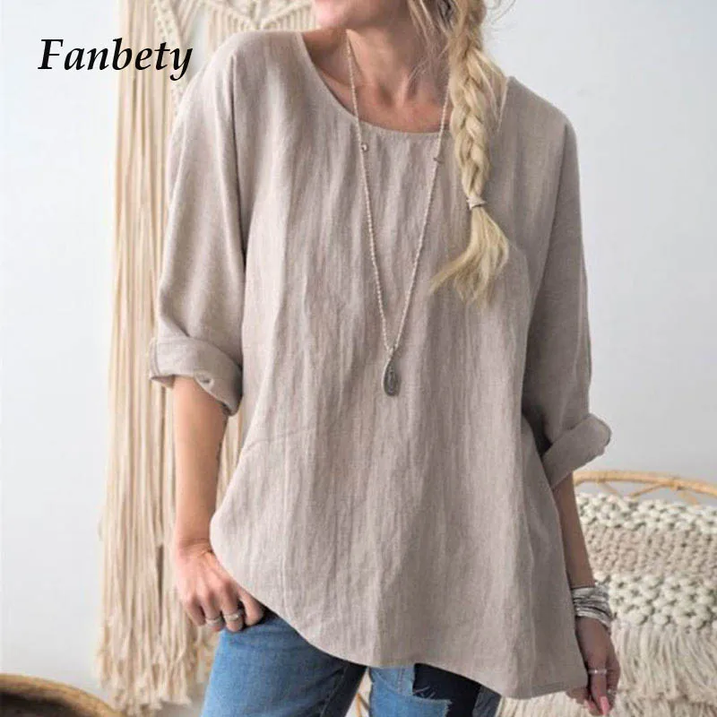 Fanbety, новинка, осенняя хлопковая Льняная блуза с длинным рукавом, рубашки, женские повседневные свободные блузы с круглым вырезом, элегантные однотонные пуловеры 5XL