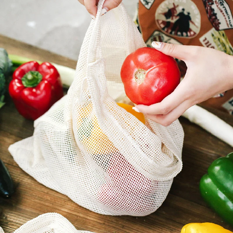 Многоразовые сумки для овощей популярный хлопок фрукты овощи сетчатый мешок для хранения портативный с кулиской хозяйственная сумка машинная стирка