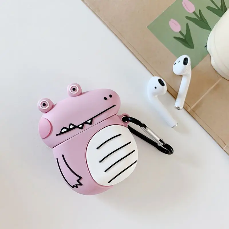 Защитный чехол с милым рисунком животных из мультфильма, противоударный мягкий силиконовый чехол с карабином для Airpods 1/2, зарядная коробка