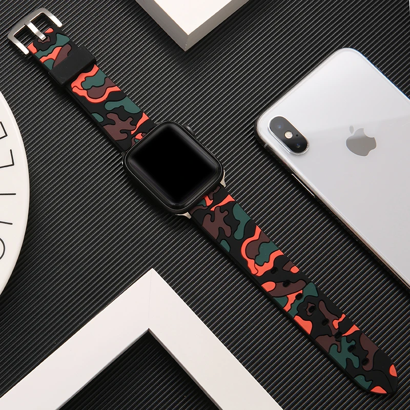 Apple Watch с резиновым силиконовым камуфляжным ремешком 42 мм 44 мм Спортивный Повседневный ремешок 38 мм 40 мм iWatch Ремешок Браслет серия 5 4 3 2 1