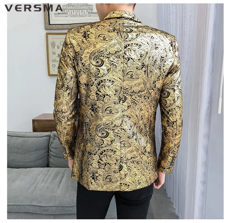 VERSMA Высокое качество золото Slim Fit сценический Блейзер костюм куртка для мужчин модный британский стиль свадебные мужские дизайнерские костюмы блейзеры Мужские 5XL