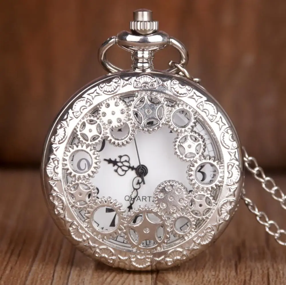 

Antique Silver Quartz Pocket Watch Vintage Gear Hollow Necklace Pendant Unisex Clock With Fob Chain Women Men Gifts CF1091