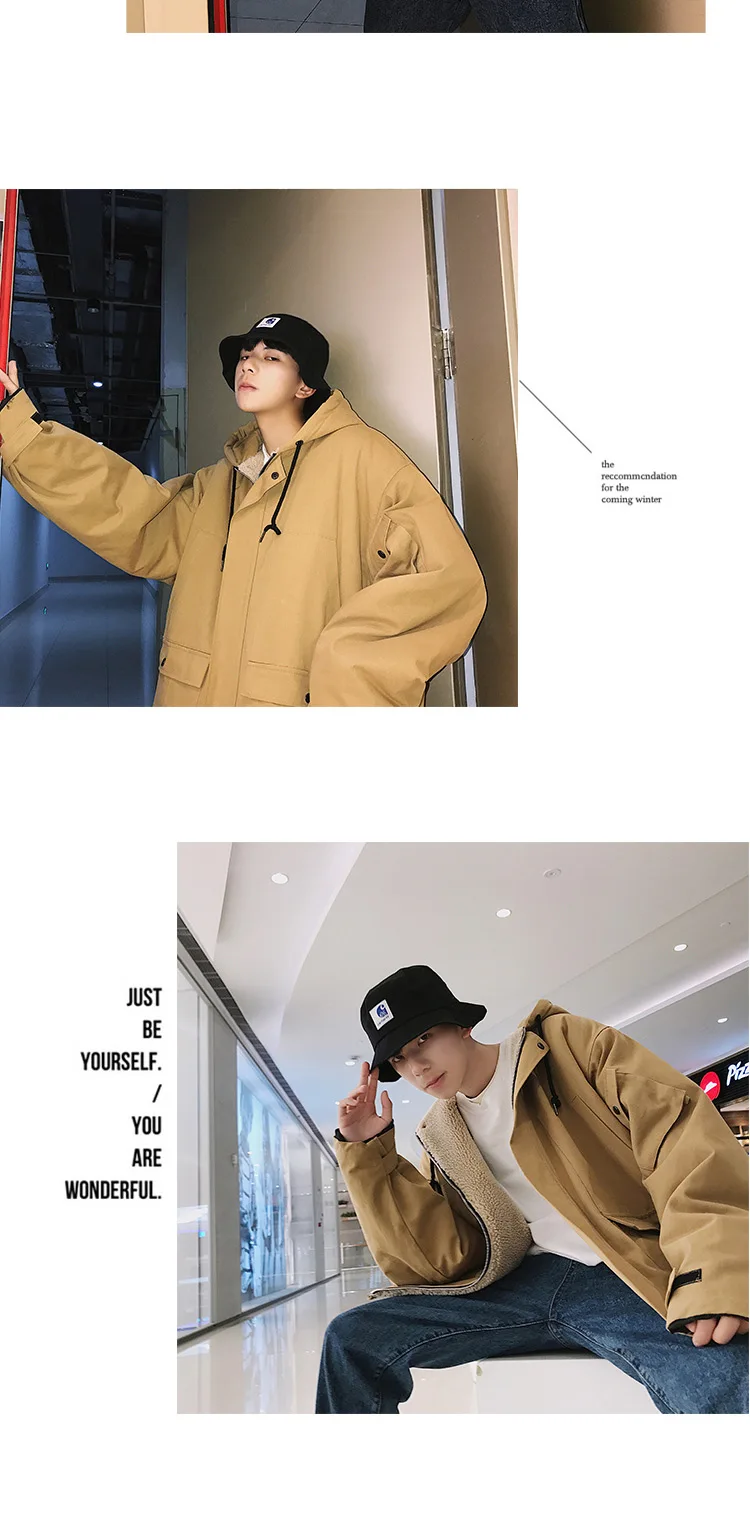 Korean Loose Men's Oversize Jacket Autumn Winter Hooded Cotton Coat Wool Liner Men Coats Warm K098