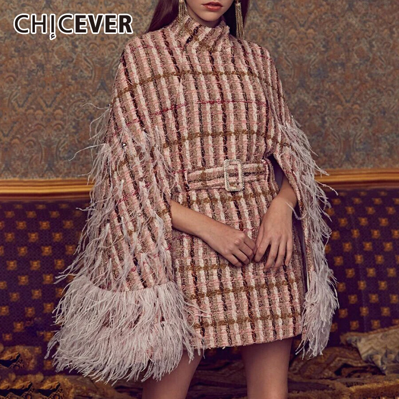 CHICEVER Patchwork Feathers Diamonds Plaid Women's Coats Turtleneck Cloak Sleeve High Waist With Sashes 2020 New Fashion Clothes | Женская