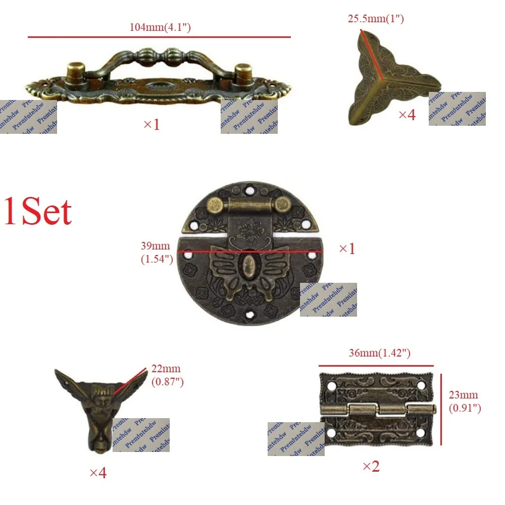 10Sets Antique Bronze Iron Handle Hinge Hasp Corner Brace Kit For Gift Cigar Jewelry Box Case
