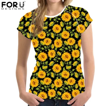 

FORUDESIGNS Vintage Customized Sunflower Floral Pattern Print Fashion Lady Casual Short Tops Tee Shirt Hot Sales camisa feminina