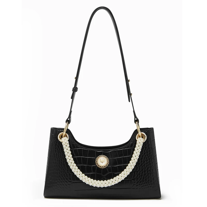Foxer Doxy Women Leather Pearl Chain Handbag Retro