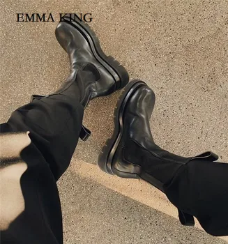 

Genuine leather Woman Ankle Boots Chunky Heels Ankle Botas Mujer Slip on Ladies Chelsea Boots Fashion Luxury Boots for Women