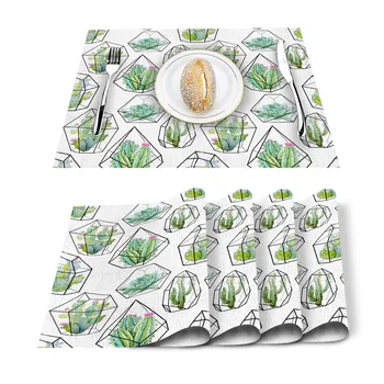 

Watercolor Cactus In Geometric Frame Kitchen Placemat for Dining Table Non-slip and Heat-insulating Table Mat Table Decoration