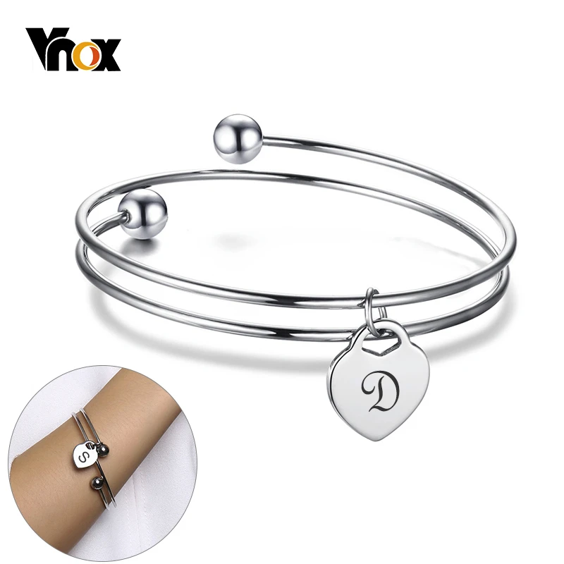 

Vnox Expandable Women Bangle with Personalize Initial Heart Charm Silver Stainless Steel Name Cuff Bracelet Unique Custom Gift