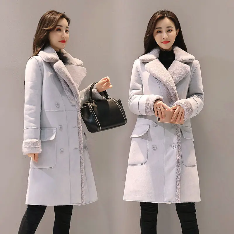 Пальто из овечьего меха, Женское зимнее длинное пальто, женское бархатное толстое замшевое пальто, корейское женское роскошное пальто с искусственным мехом, пальто размера плюс, верхняя одежда - Цвет: light grey
