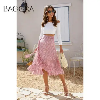 

Fashion Women Chiffon Skirt Floral Print Sashes Irregular Hem Slit Ruffles High Waist Bohemian Midi Skirts Summer Short Skirt