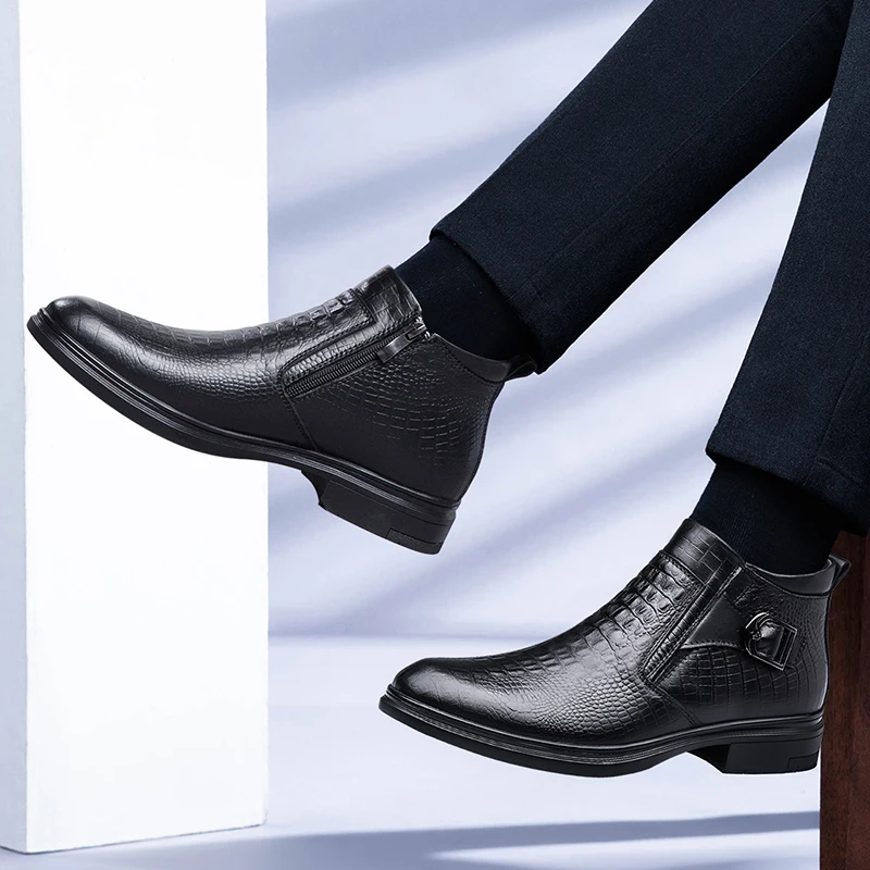 Men Chelsea Boots Men Leather Shoes Crocodile Texture Leather Men Boots Winter Formal Leather Oxfords Boots Dress Business