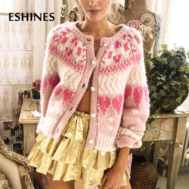 

ESHINES High Quality Sweet Pink Heart Printed Knitting Sweater Autumn Winter Single-breasted Rose Button Cardigans Sweater