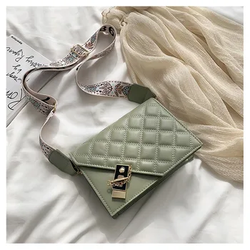 

WOMEN'S Bag 2019 New Style Fashion INS Super Fire Square Sling Bag Wide-Strap Shoulder Bag High Grade Textured Rhombus Shoulder