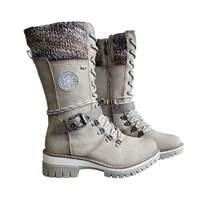 new Women Mid Height Leather Boots Warm Winter Boots with Side Zipper knitted mid-high women's boots wool stitching Marti boots 1