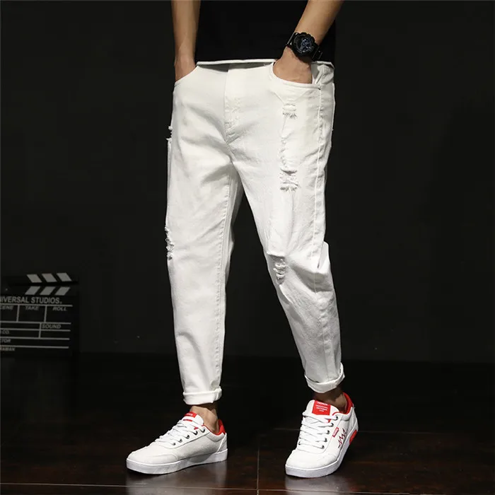 White Jeans Men Ripped Harem Jean Denim Distressed Mens Pants Spring Summer For Man 2020 Plus Size 38 40 42 Big Cowboy Trousers flannel lined jeans