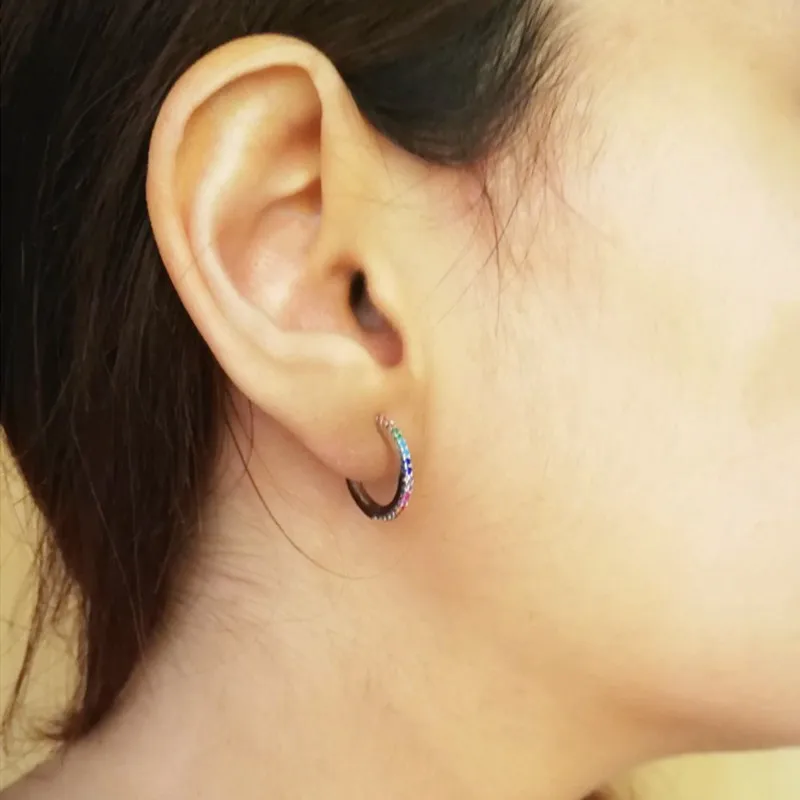 

New Stud micro pave cz circle Earrings With Blue Red Stone mix Rainbow CZ Rose gold Stud Earring girl earring women jewelry