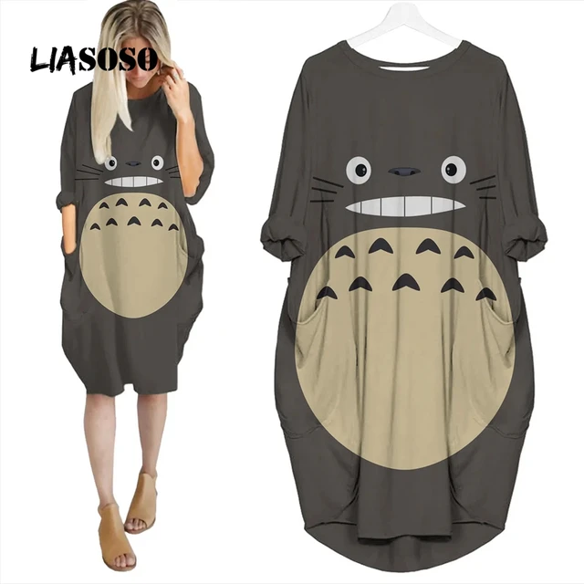 LIASOSO Anime Totoro Dress 3D Printing Girls Street Interesting Fashion Trend Wild Loose Long Sleeve Over The Knee Dress Womens QAAA14040