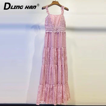 

DLINGHAN Fashion Dot Jacquard Long Dress Elegant Lace Embroidery Sexy Off Shoulder Party Dresses Designer Summer Women's New