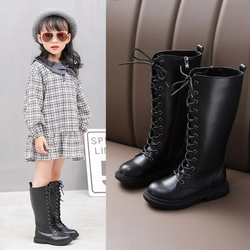 black Winter Новые сапоги до колена для девочек, модные зимние сапоги, высокие сапоги принцессы, детская обувь для больших детей 3, 4, 5, 6, 7, 8, 9, 10, 11, 12 лет - Цвет: black Winter