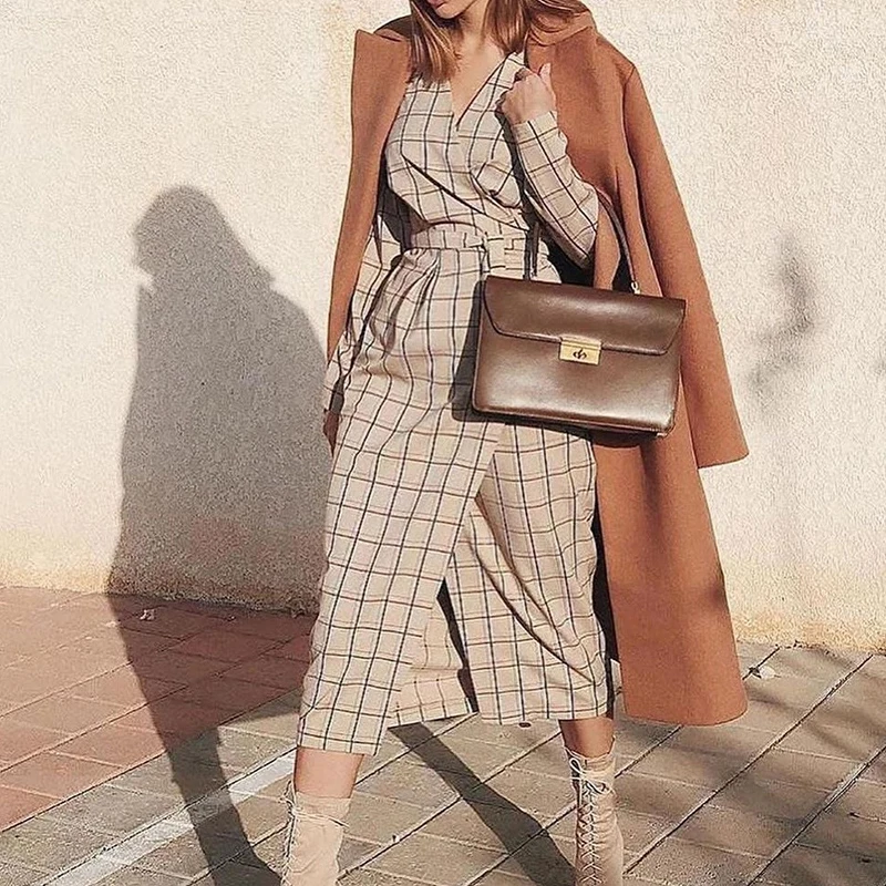 Cena Brytyjska grafika elegancka kratka sprawdzona sukienka Vinatge Office Lady Slim z długim rękawem sukienka do kolan kobiety siatka drukuj szata LX137