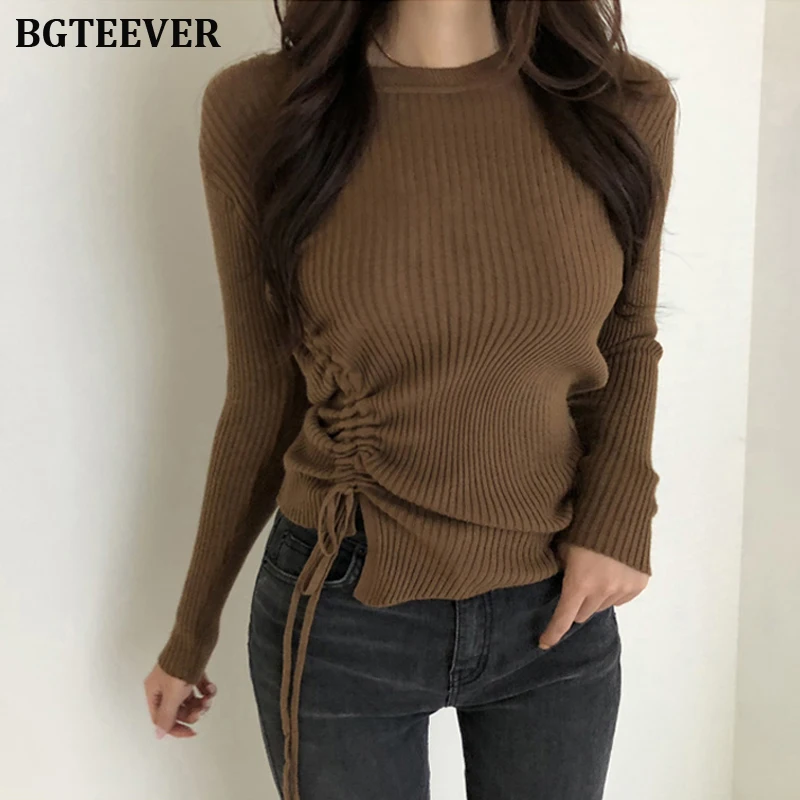 BGTEEVER тонкий плиссированный женский свитер осень зима o-образным вырезом нерегулярные женские вязаные пуловеры Повседневный свитер Джемперы femme