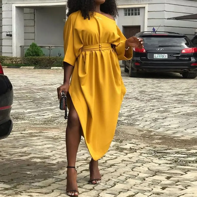 

Elegant Party Midi Dress African Yellow Asymmetrical Tunic High Waist Dress Women Batwing Sleeve Sexy One Shoulder Dresses