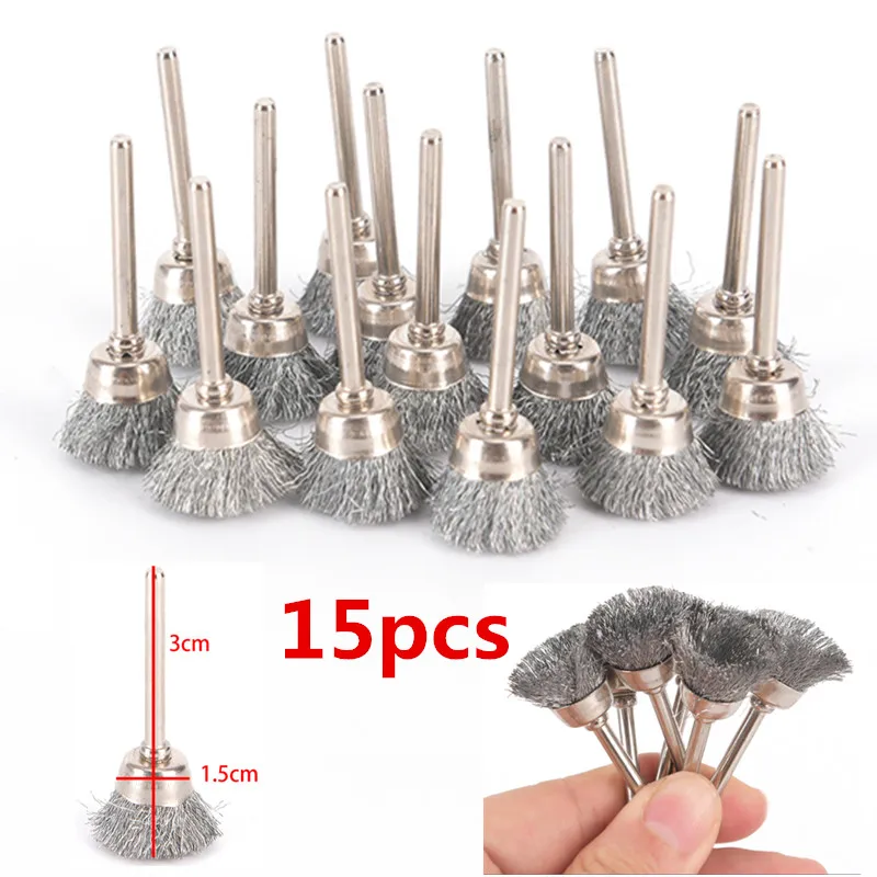 15pcs/Set Wire Brushes Metal Rust Removing Steel Wire Wheels With Shank Pole Flat Copper Wire Wheels Polishing Brushes Set
