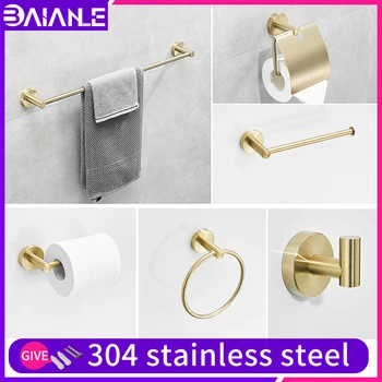 

bathroom towel holder set gold stainless steel wall mount double towel bar ring Toilet brush paper holder shelves hooks
