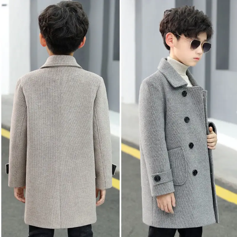 Korean Boys Wool Winter Coat England Style Kids Thick Outerwear Fashion Kids Woolen Long Jackets Children Warm Coats
