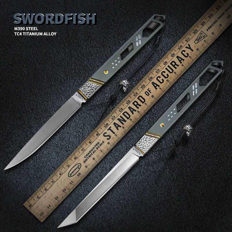 TURENZ M390 Steel Fixed Thin Blade Fishing Knife Titanium Handle Tanto