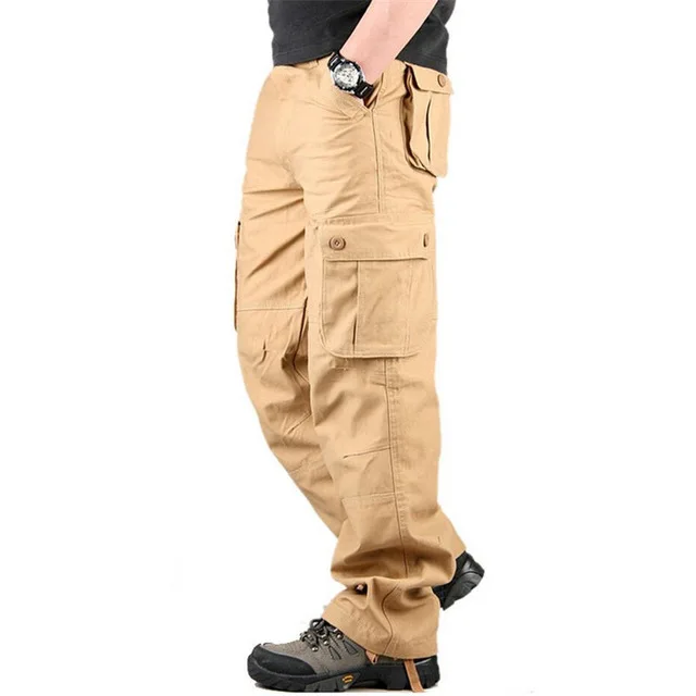 Для мужчин; стиль милитари брюки карго мужские хлопковые свободные штаны с несколькими карманами Pantalon Hombre спортивные брюки прямые брюки - Цвет: Khaki
