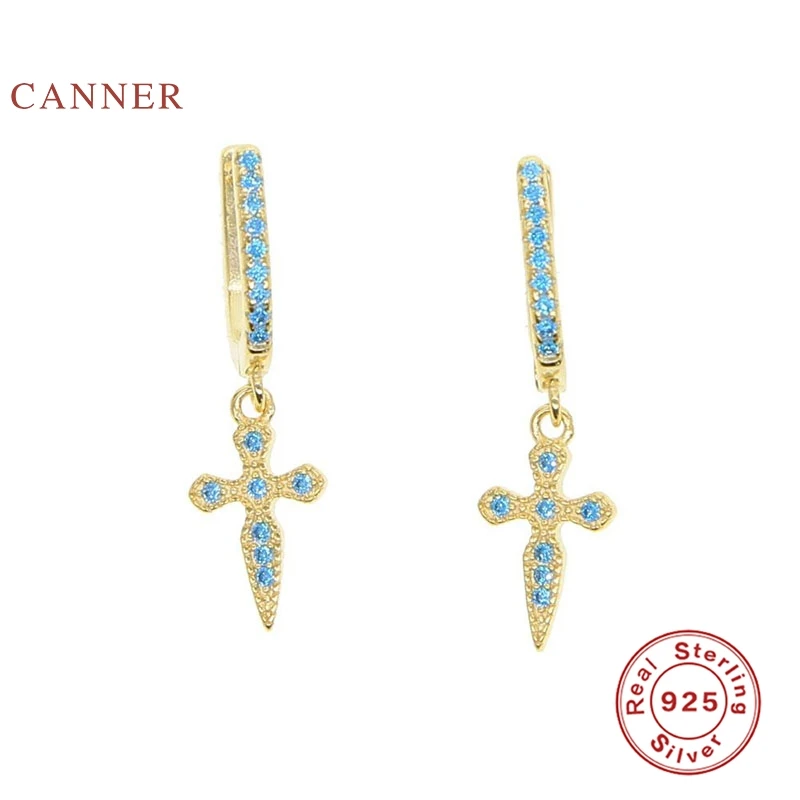 

CANNER Earrings For Women Real 925 Sterling Silver Turquoise Lucky Sword Faith Cross Earrings Hoops Zircon Korean Gold Jewelry