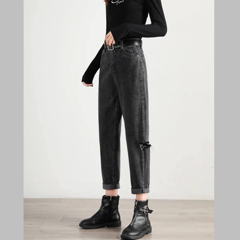 

ZOSOL Ripped Jeans Female Dad Radish Pants Harlan Loose Straight Large High Waist Slimming